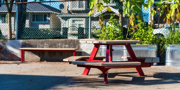 Wishbone Bayview Hexagonal Picnic Table and Larson Backless Bench at Hastings Elementary School in Vancouver BC